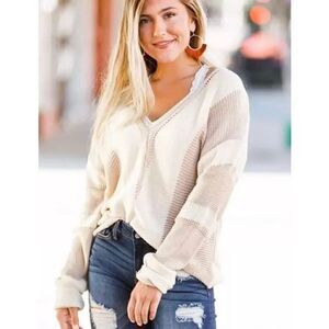 Willow and root buckle boho 2 tone cream tan open weave sweater small